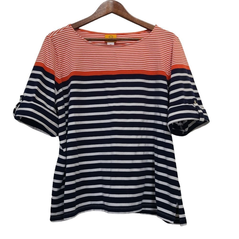 Ruby Rd Womens Navy Blue Orange Striped Blouse Plus Size 2X